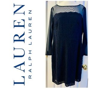 Lauren Ralph Lauren Dress Navy Dark Blue lace sheer mesh lined 16 Cocktail event